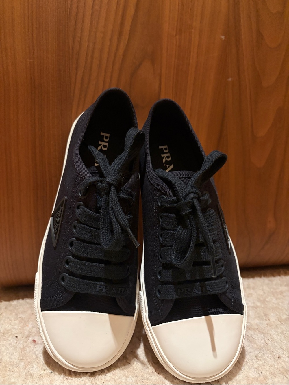 Prada Black Canvas Low-Top Sneakers with White Toe Cap